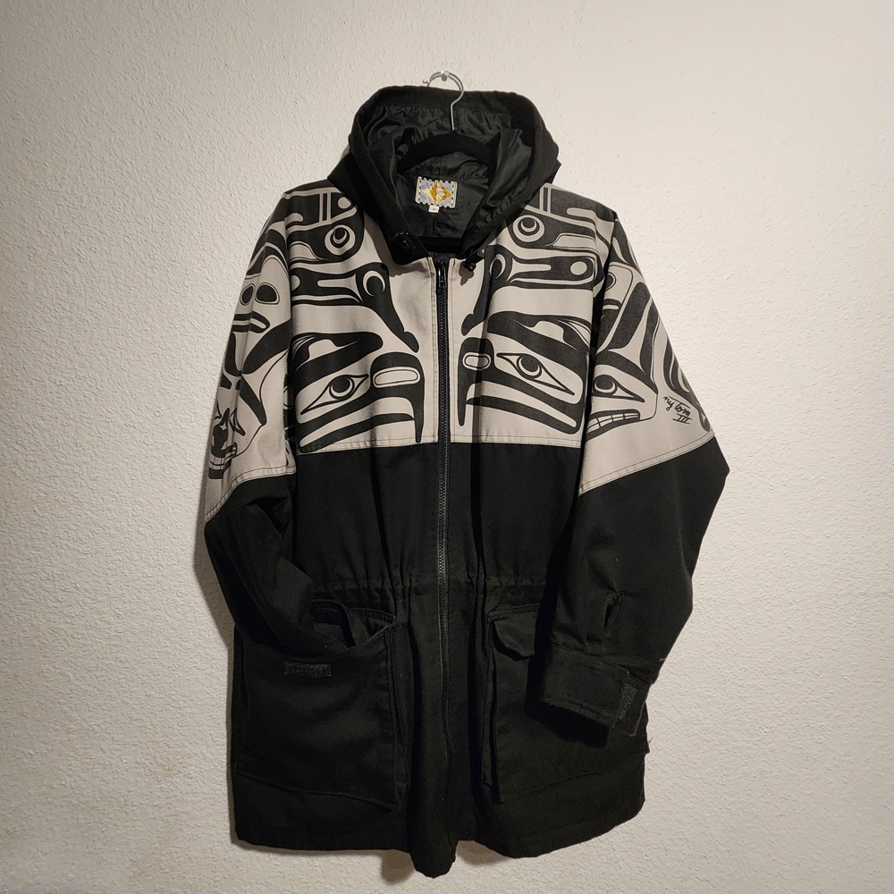 Vintage Northwest Coast Nytom,  Makaw Tribal Artist Black and Gray Hooded Jacket